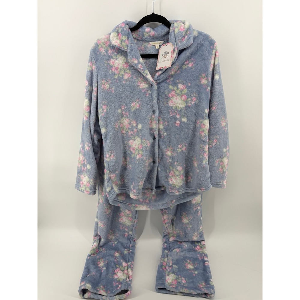 Shabby Chic, Blue Floral Fleece, Pajama Set, Soft Plush, Women's Size Large NWT